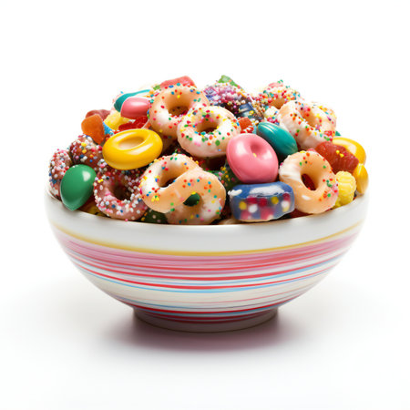 Colorful donuts in a bowl isolated on white background,の素材