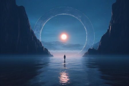 Man standing in the middle of the sea and looking at the moonの素材