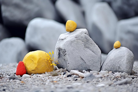 Pile of stones on the seashore with yellow and red stones