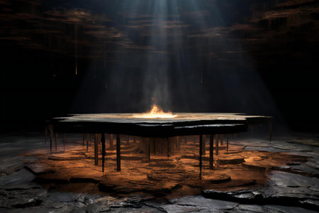 Wooden pier and fire in the dark with rays of light.の素材