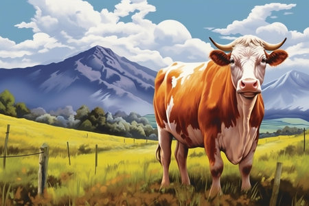 Cow on a meadow with mountains in the background. Digital painting.の素材