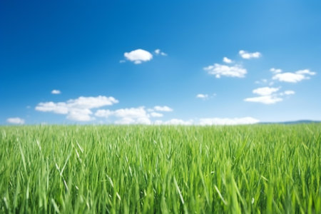Green grass and blue sky with white clouds. Nature background. Copy space.の素材