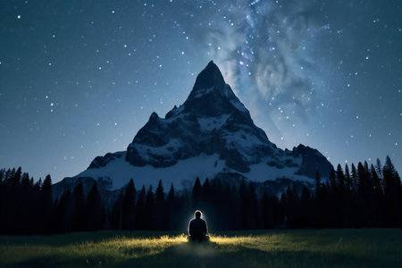 Man sitting on grass and looking at Matterhorn peak in the nightの素材