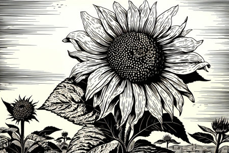 Sunflower illustration in black and white. Hand drawn sketch.の素材