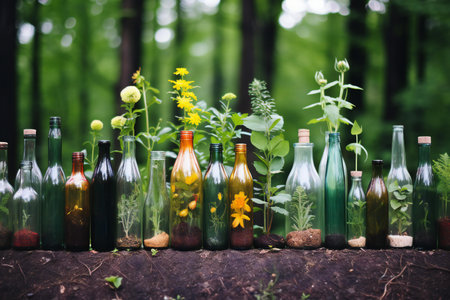Bottles with various herbs and flowers in the forest. Nature concept.の素材