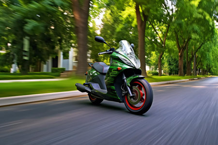 motorcycle rides on the road in the park, motion blurの素材