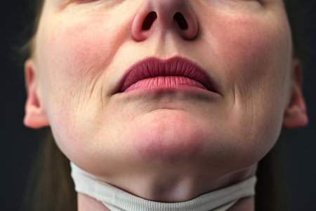 Close up of a woman's mouth, with her mouth open.の素材