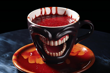 Cup of red wine with smiley face on black background.の素材