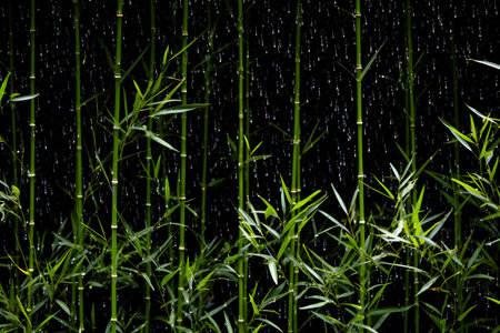 Bamboo background with raindrops on black background. Green bamboo leaves.の素材