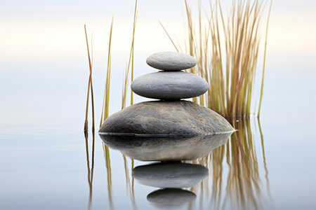 zen stones on the water with reed in the background, zen conceptの素材