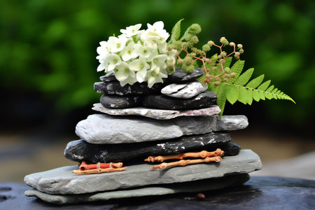 Stack of zen stones with white hydrangea flowers in the gardenの素材