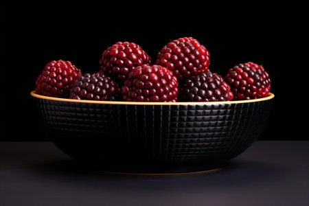 Blackberries in a bowl on a black background. Studio shot.の素材