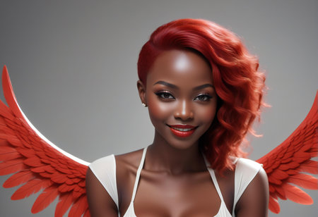 Beautiful african american woman with red hair and angel wingsの素材