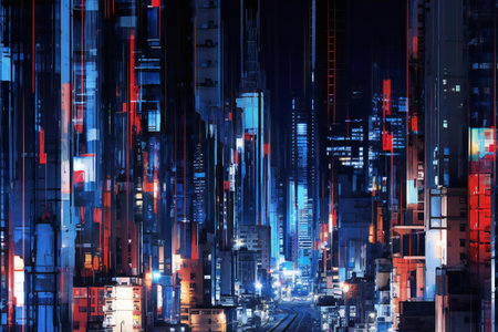 Modern city at night with neon lights.の素材