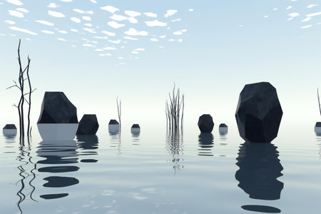 a stone in the water with a tree in the backgroundの素材