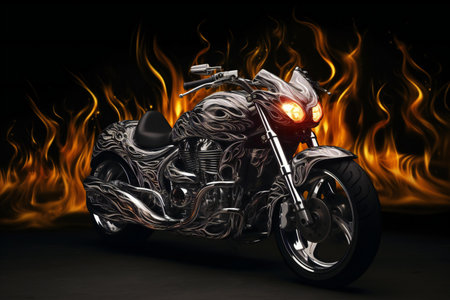 Motorcycle in flames on a dark backgroundの素材
