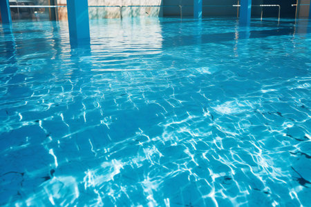 Swimming pool with blue water and sun reflections. Swimming pool backgroundの素材