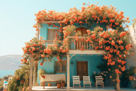 Beautiful flowers on the terrace of a blue house in Greeceの素材