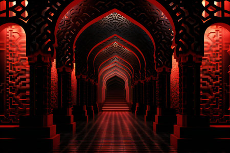 illustration of a dark corridor in a mosque with red lightの素材