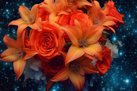 Bouquet of orange roses on the background of the starry skyの素材