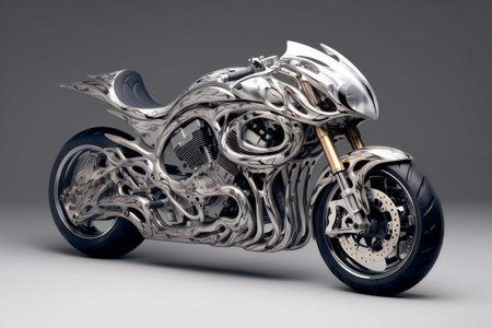 Motorcycle with metal elements on a gray background.の素材