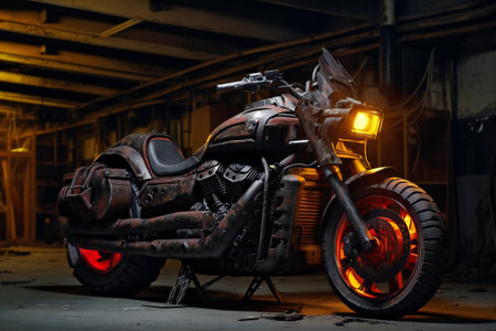 Motorcycle in the garage at night time. Selective focus.の素材