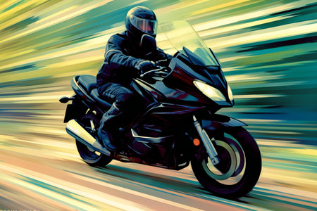 Motorcyclist riding a sports motorbike on a blurred background.の素材