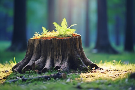 Fern growing on a stump in the forest. Nature concept.の素材