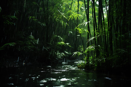 Bamboo forest with water stream at night. Shallow depth of fieldの素材
