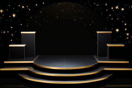 Black podium with gold pedestal in the dark.の素材