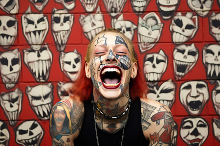 Young punk girl with tattoos on her arms and with a skull tattoo on her cheek.の素材