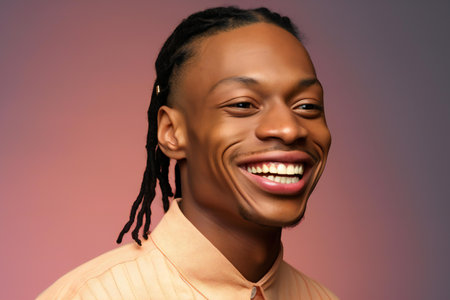 Young african american man with dreadlocks smiling at camera on gradient backgroundの素材