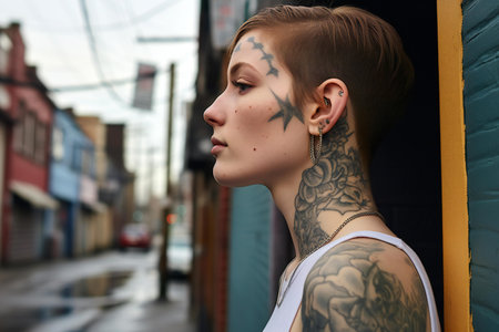 Portrait of a beautiful young woman with tattoos on her body.の素材