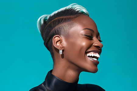 Beautiful african american woman with creative hairstyle on blue backgroundの素材