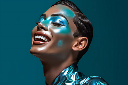 Portrait of a beautiful woman with blue makeup. Beauty, fashion.の素材