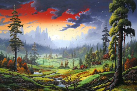 Fantasy landscape with mountains, forest and river. Digital painting.の素材