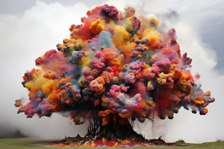 big tree with colorful smoke in the middle of the field with cloudy skyの素材