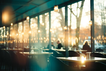 Cafe interior with empty tables and chairs in evening light. Blurred backgroundの素材