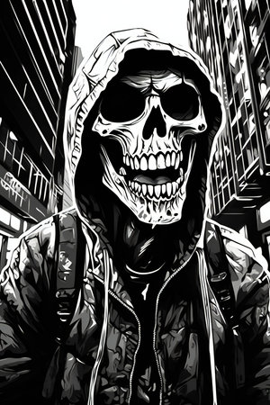 Skull in a hood on the background of the city.の素材