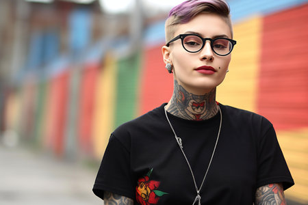 Young beautiful hipster girl with tattoos on her arms, wearing a black T-shirt and glasses, standing in front of a graffiti wallの素材