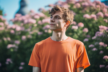 Portrait of a handsome young man in an orange T-shirt on the background of a blooming gardenの素材