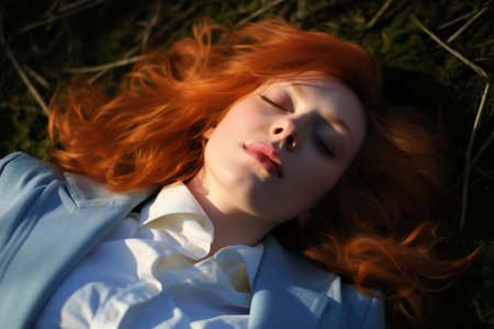 Portrait of a beautiful red-haired girl lying on the grassの素材