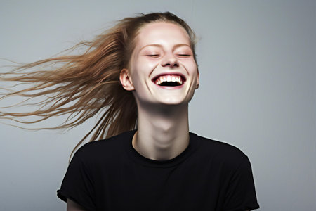 Portrait of a beautiful girl with flying hair on a gray backgroundの素材