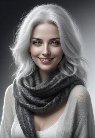Portrait of a beautiful young woman with white hair and gray scarfの素材