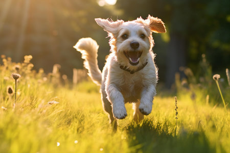 Cute happy dog running in the meadow at sunset. Happy pet.の素材
