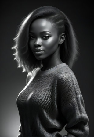 Black and white portrait of a beautiful African American woman with shiny hairの素材