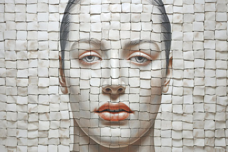 Face of a woman combined with a mosaic of white and gray tilesの素材
