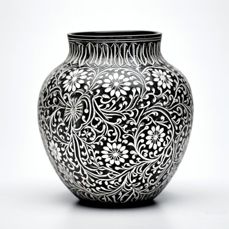 Ceramic vase with floral pattern on the white background.の素材