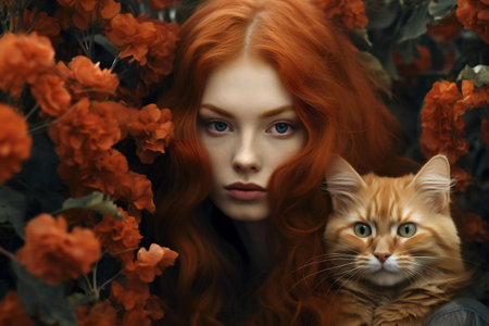 Portrait of a beautiful young woman with red hair and cat.の素材
