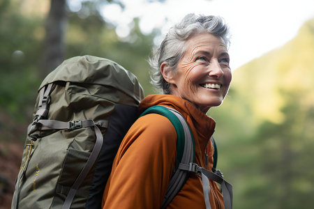 Portrait of a smiling senior woman with backpack in the forest.の素材